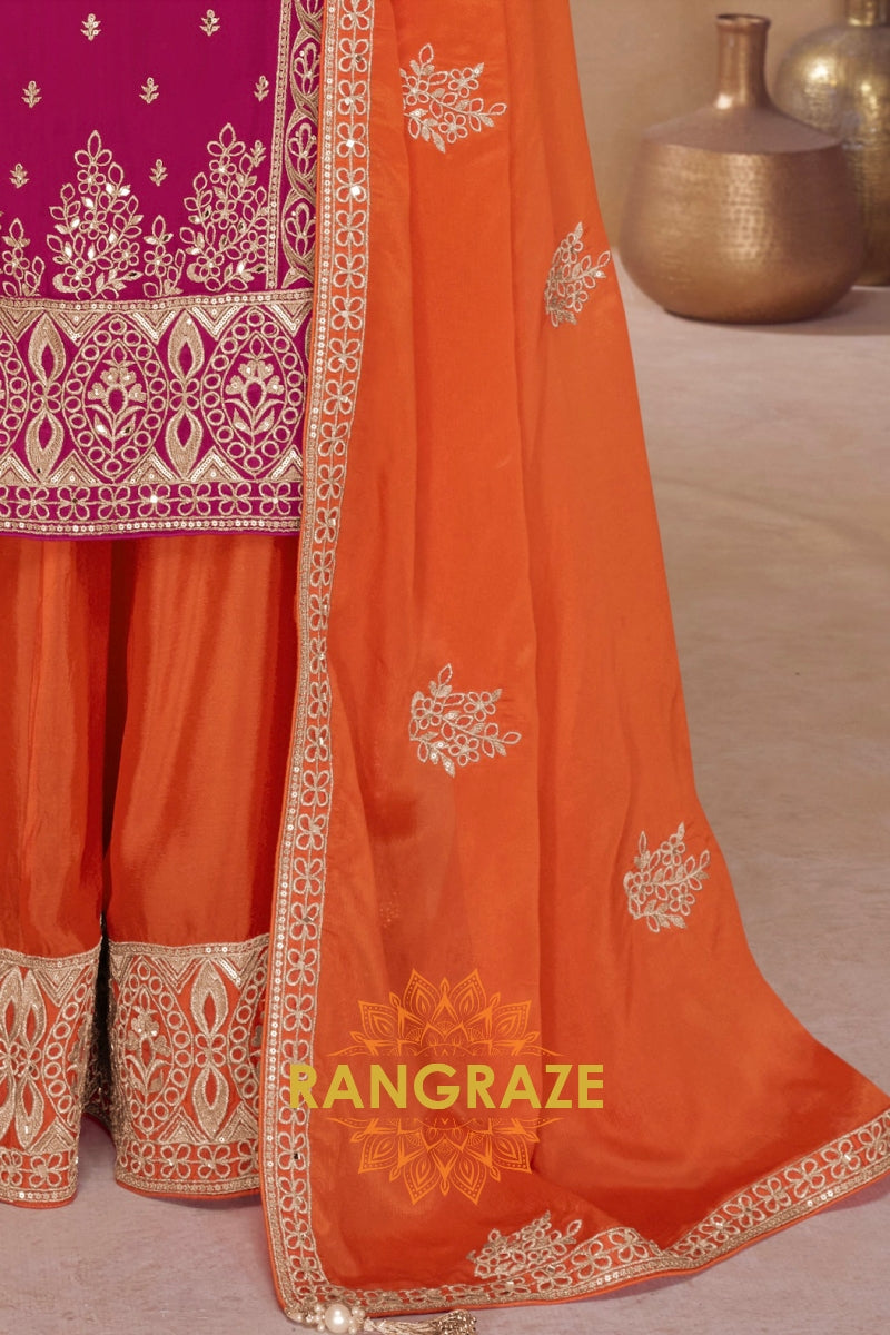 Wine & Orange Pure Chinnon Hand Embroidered Suit Set