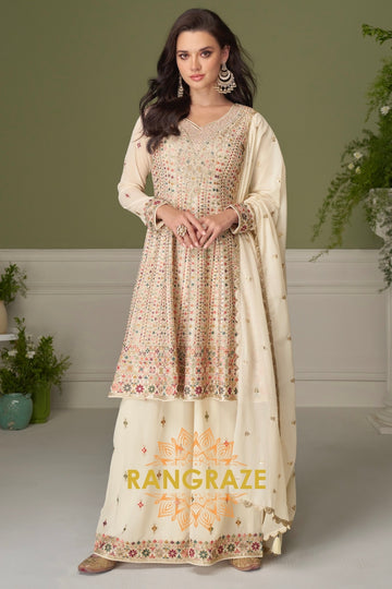 Ivory Pure Georgette Hand Embroidered Sharara Suit Set