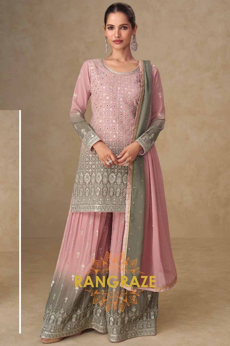Blush Sage Pure Georgette Hand Embroidered Sharara Suit Set