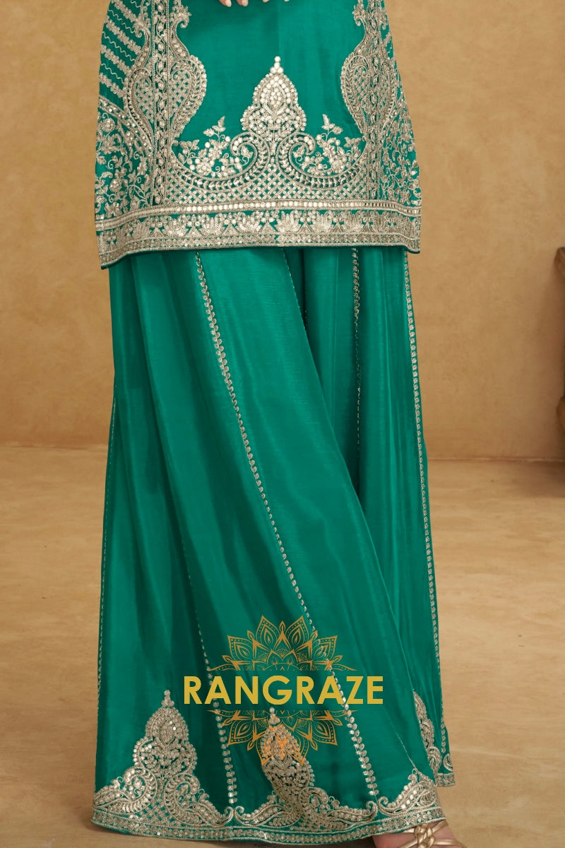 Emerald Teal Pure Chinnon Suit Set with Hand Embroidery