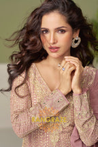 Blush Mauve Pure Georgette Hand Embroidered Sharara Suit Set