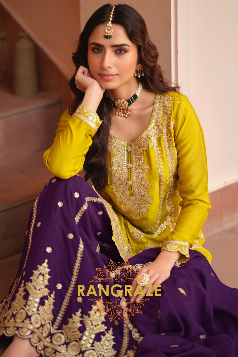Royal Amber & Purple Pure Chinnon Suit Set with Hand Embroidery
