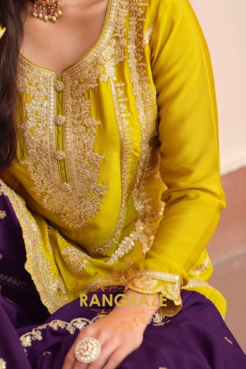 Royal Amber & Purple Pure Chinnon Suit Set with Hand Embroidery