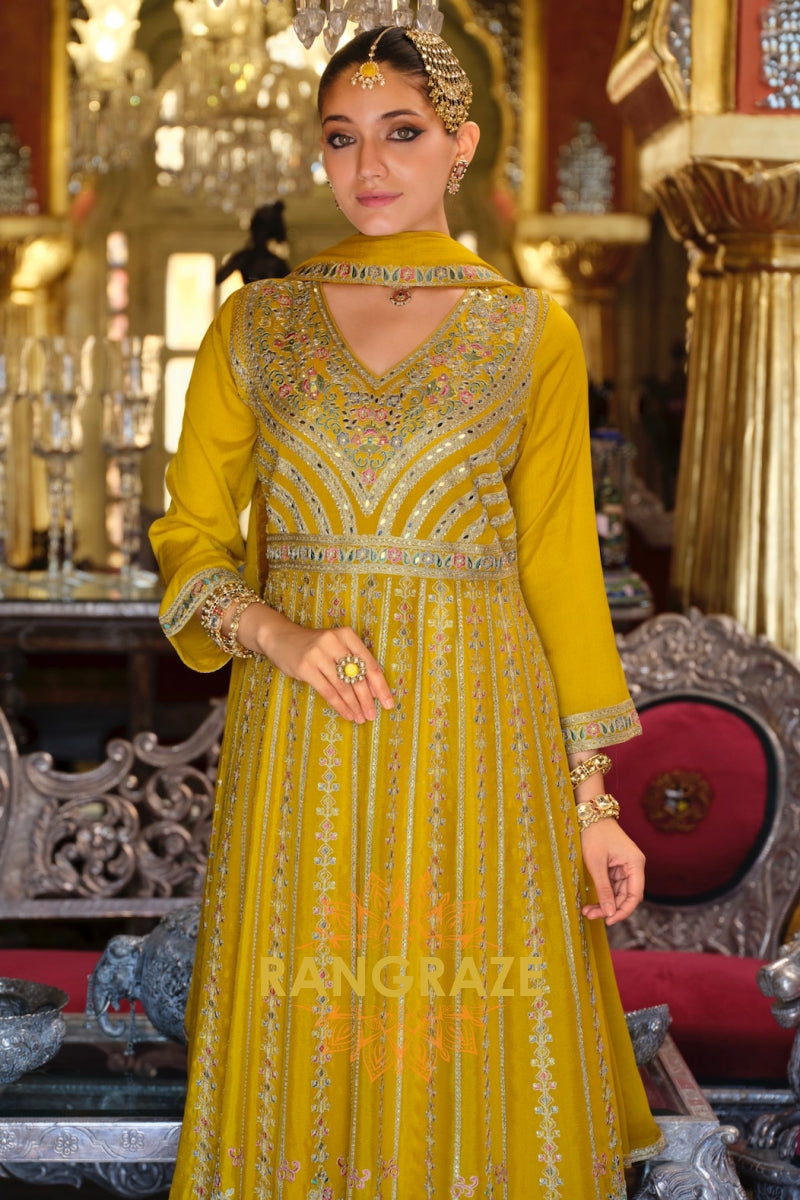 Mustard Gilded Chinnon Anarkali Suit Set with Hand Embroidery