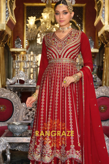 Crimson Regalia Chinnon Anarkali Suit Set with Hand Embroidery