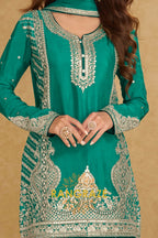 Emerald Teal Pure Chinnon Suit Set with Hand Embroidery