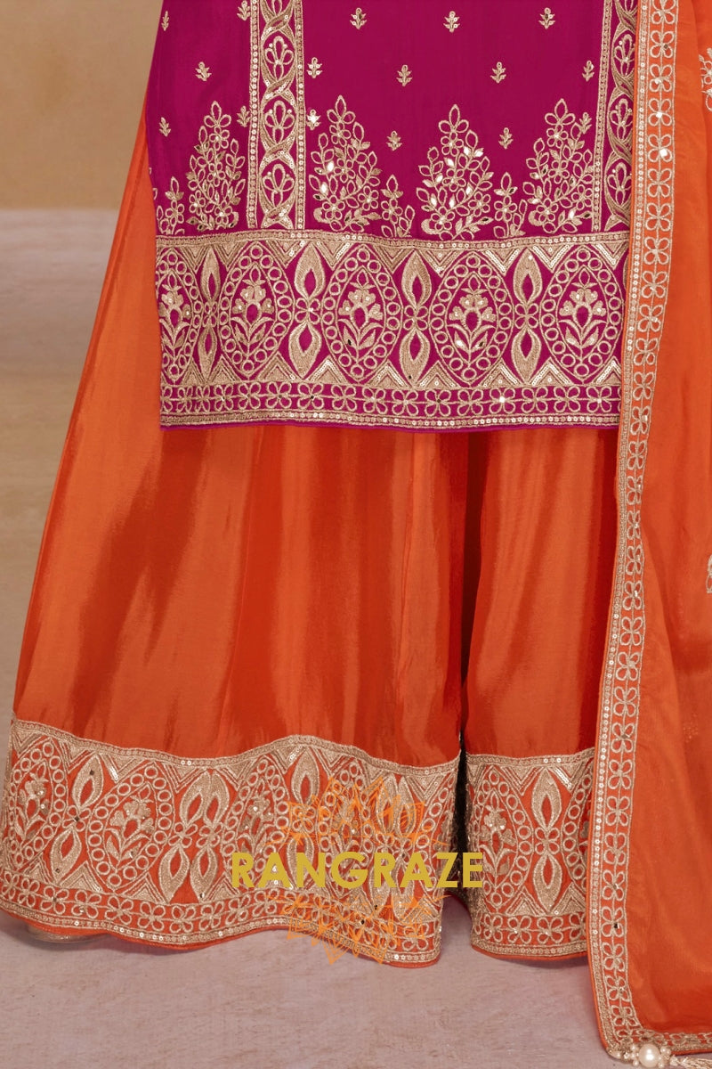 Wine & Orange Pure Chinnon Hand Embroidered Suit Set