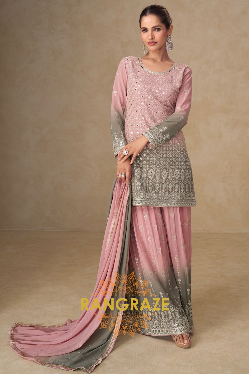 Blush Sage Pure Georgette Hand Embroidered Sharara Suit Set