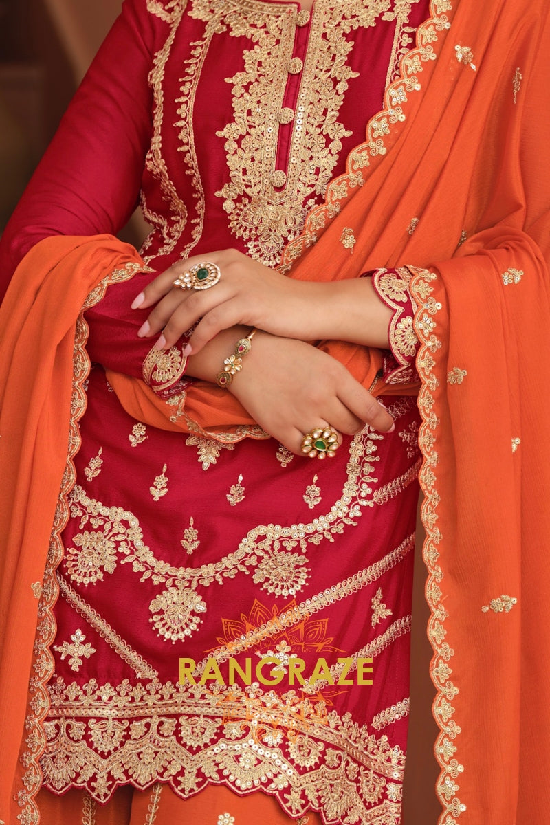 Ruby Ember Pure Chinnon Suit Set with Hand Embroidery