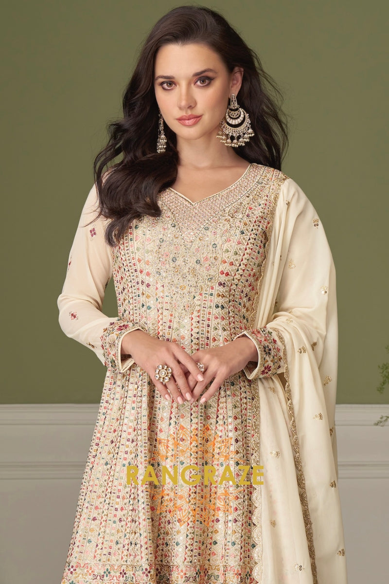 Ivory Pure Georgette Hand Embroidered Sharara Suit Set