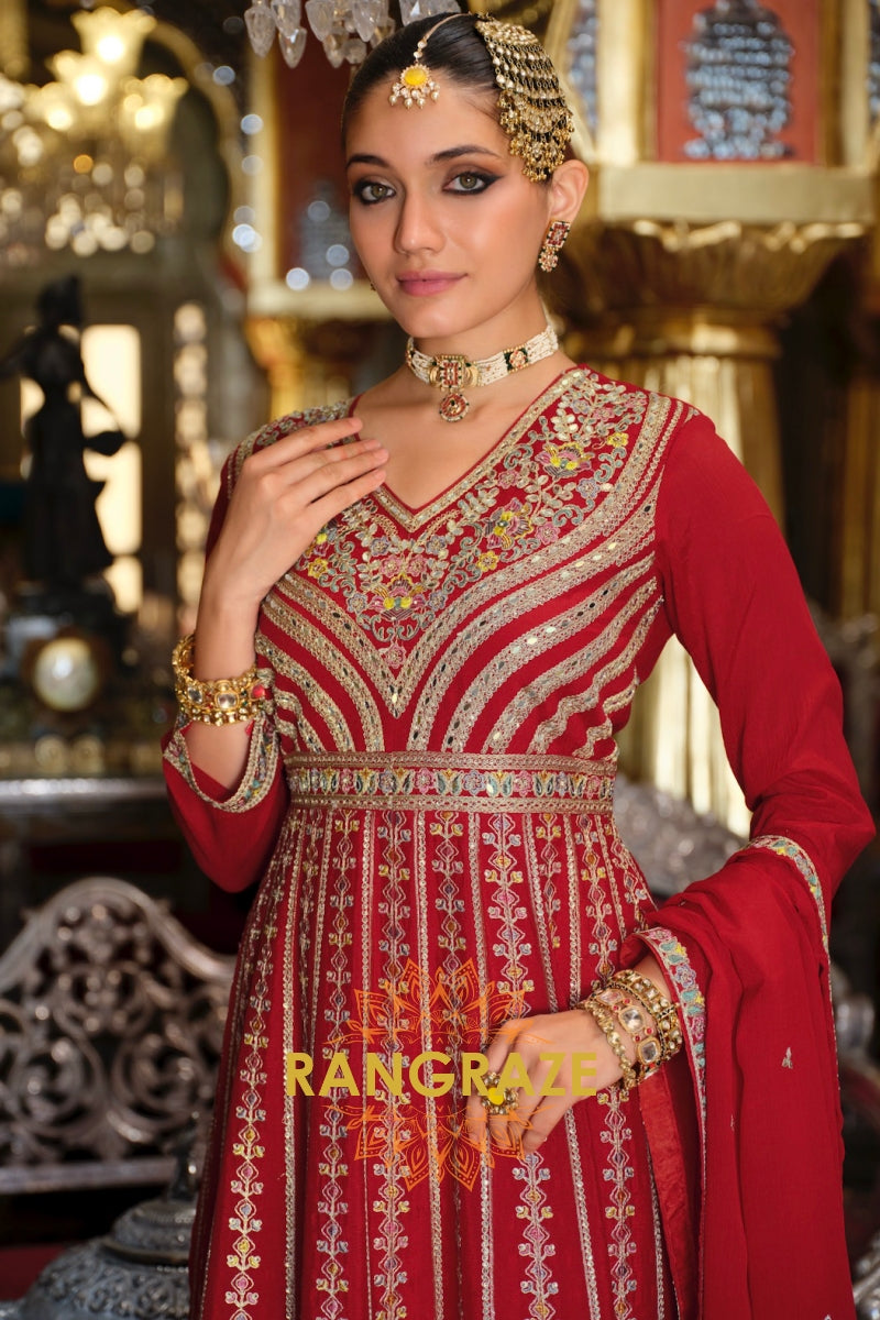 Crimson Regalia Chinnon Anarkali Suit Set with Hand Embroidery