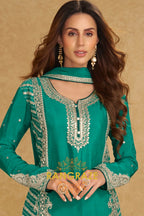 Emerald Teal Pure Chinnon Suit Set with Hand Embroidery