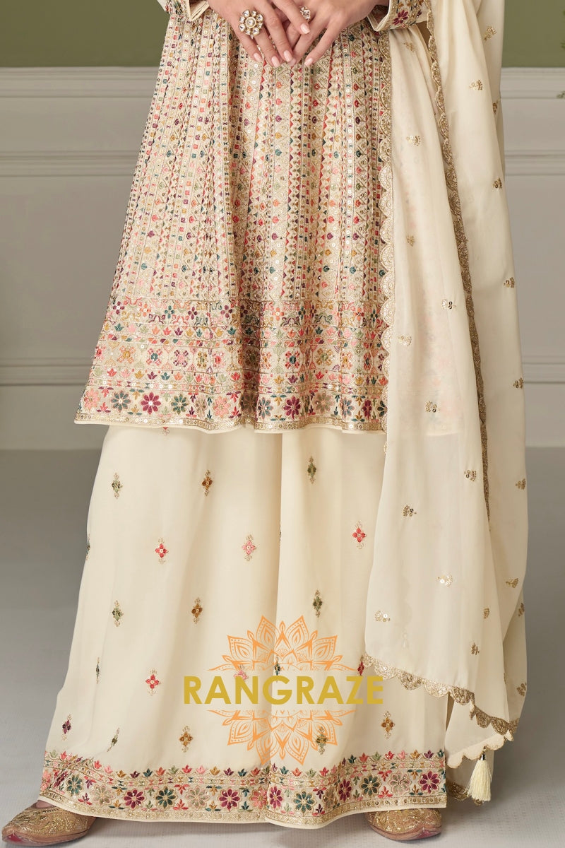 Ivory Pure Georgette Hand Embroidered Sharara Suit Set