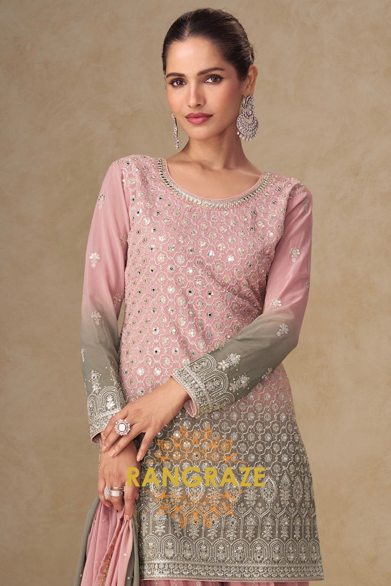 Blush Sage Pure Georgette Hand Embroidered Sharara Suit Set