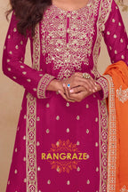 Wine & Orange Pure Chinnon Hand Embroidered Suit Set