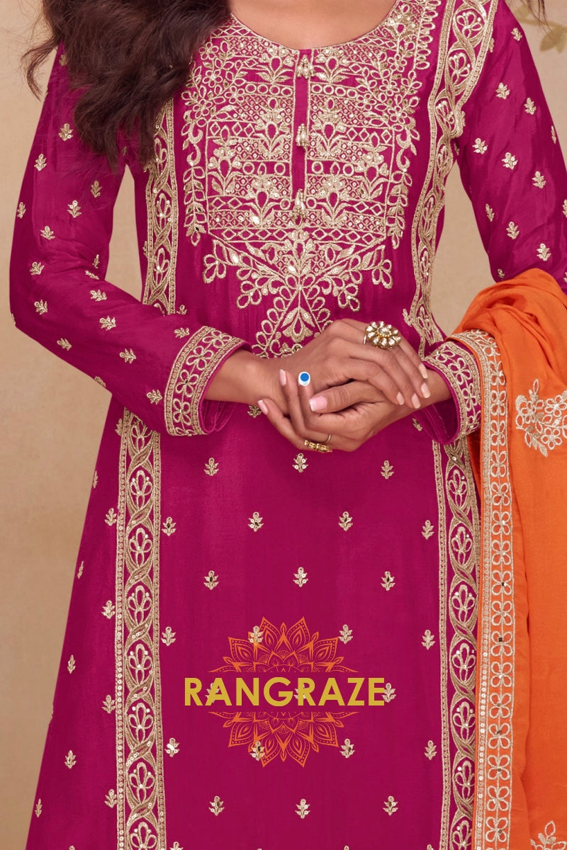 Wine & Orange Pure Chinnon Hand Embroidered Suit Set