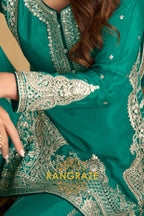 Emerald Teal Pure Chinnon Suit Set with Hand Embroidery