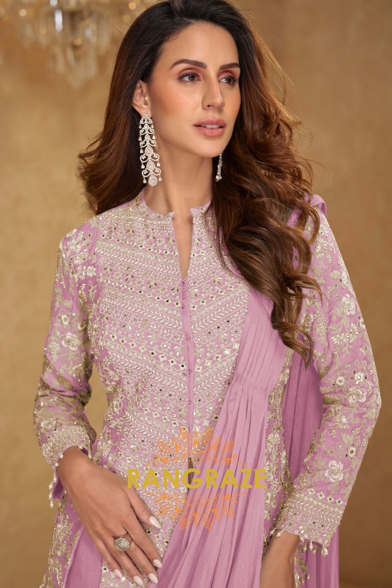 Lilac Serene Pure Georgette Saree Style Suit Set with Hand Embroidery