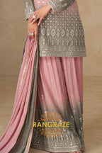 Blush Sage Pure Georgette Hand Embroidered Sharara Suit Set