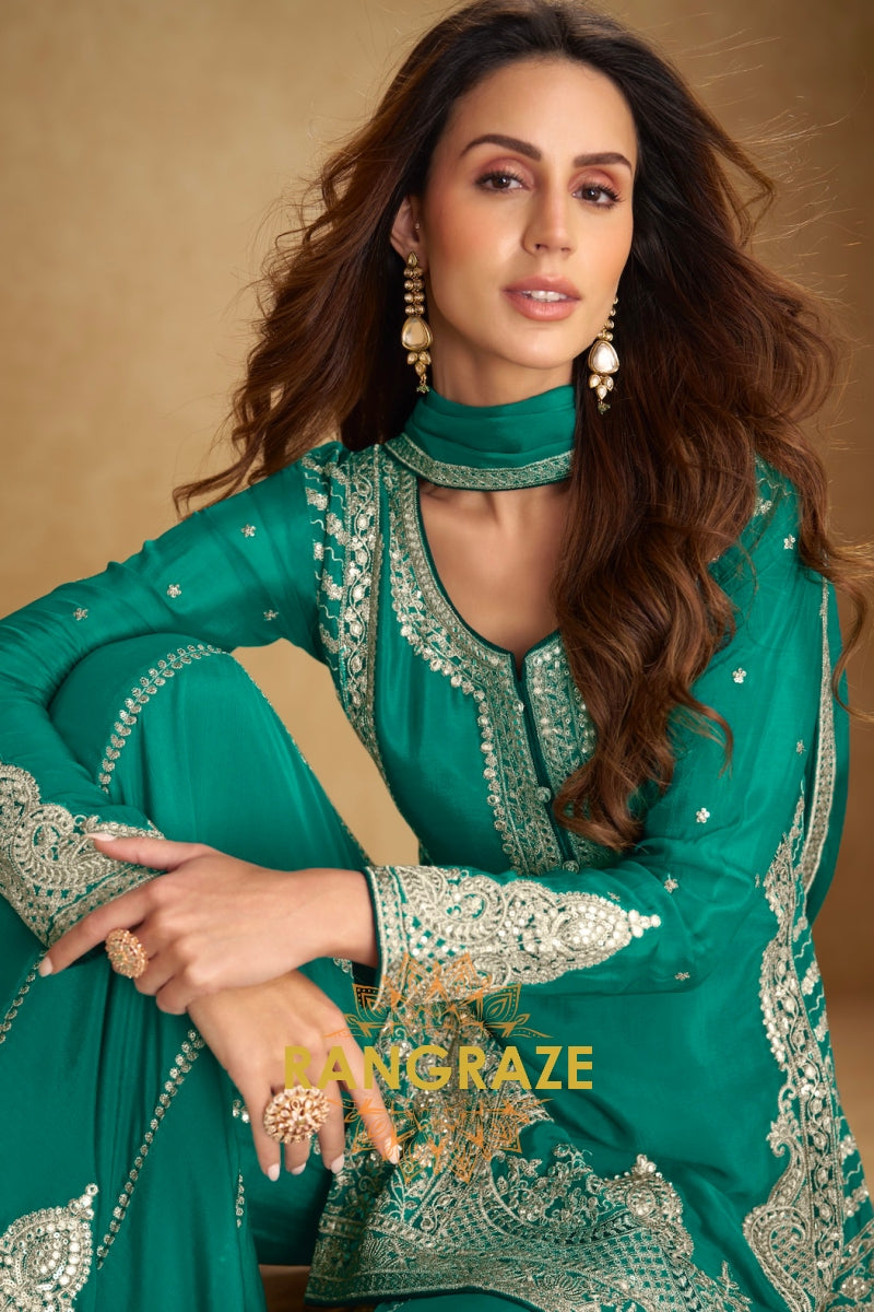 Emerald Teal Pure Chinnon Suit Set with Hand Embroidery