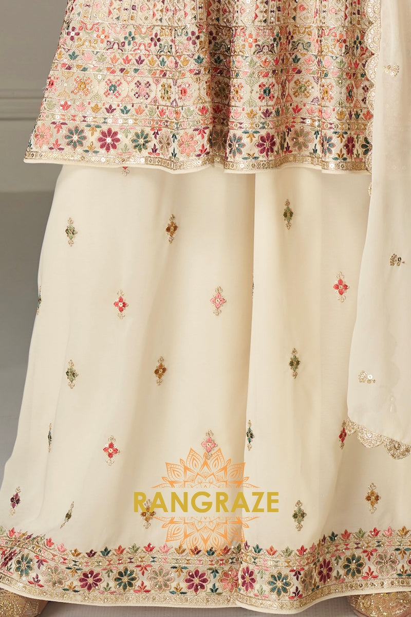 Ivory Pure Georgette Hand Embroidered Sharara Suit Set