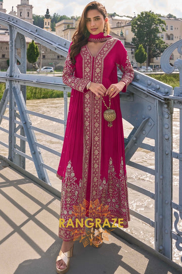 Fuchsia Pure Chinon Hand Embroidered Designer Suit Set