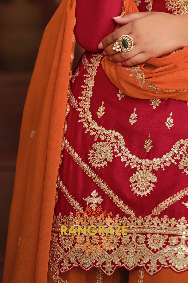 Ruby Ember Pure Chinnon Suit Set with Hand Embroidery