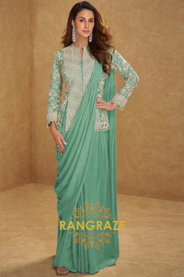 Mint Aura Pure Georgette Saree Style Suit Set with Hand Embroidery