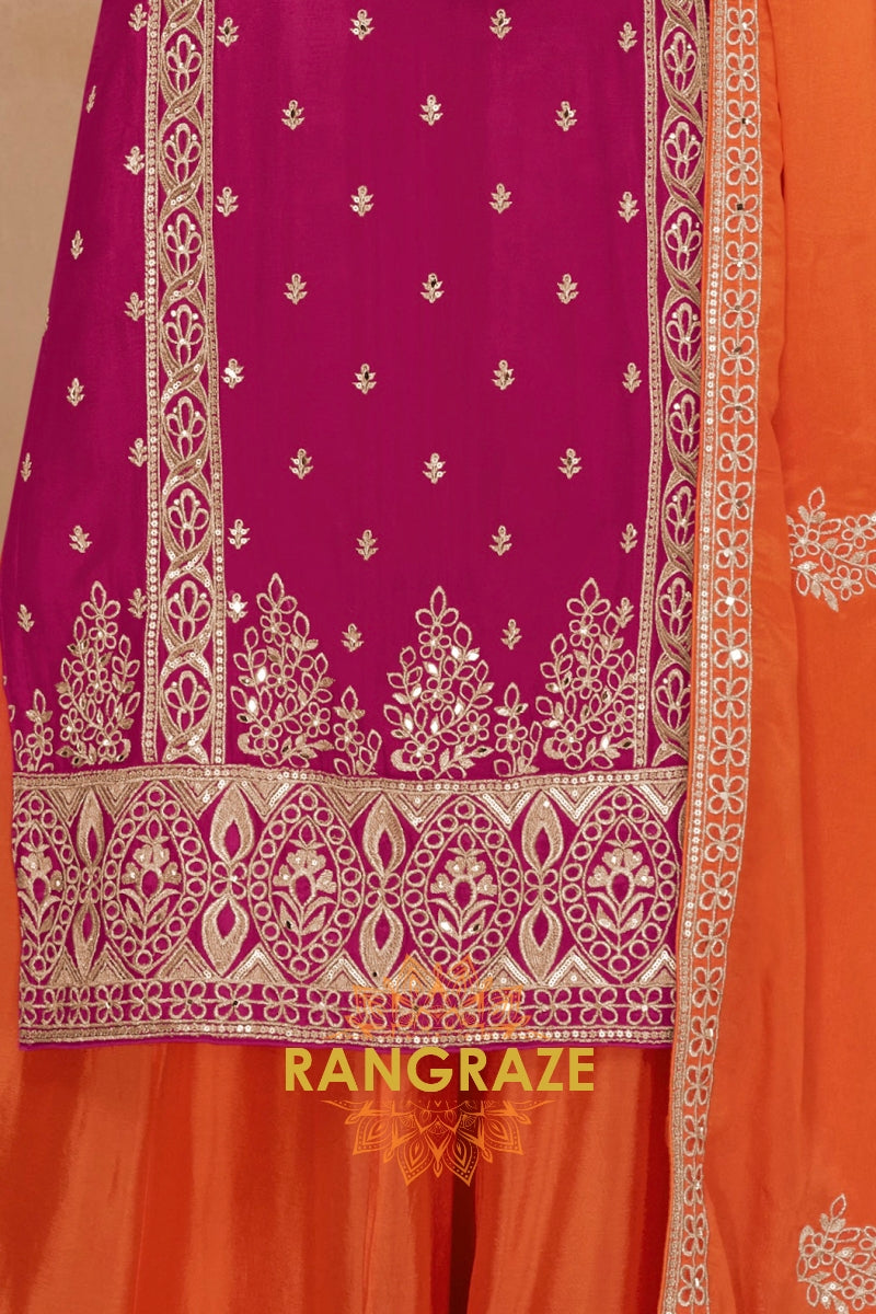 Wine & Orange Pure Chinnon Hand Embroidered Suit Set