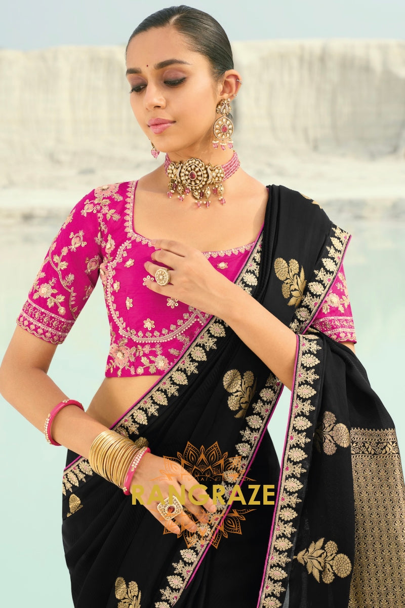 Black Pure Silk Designer Embroidered Saree with Heavy Blouse & Pallu Work