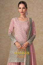 Blush Sage Pure Georgette Hand Embroidered Sharara Suit Set