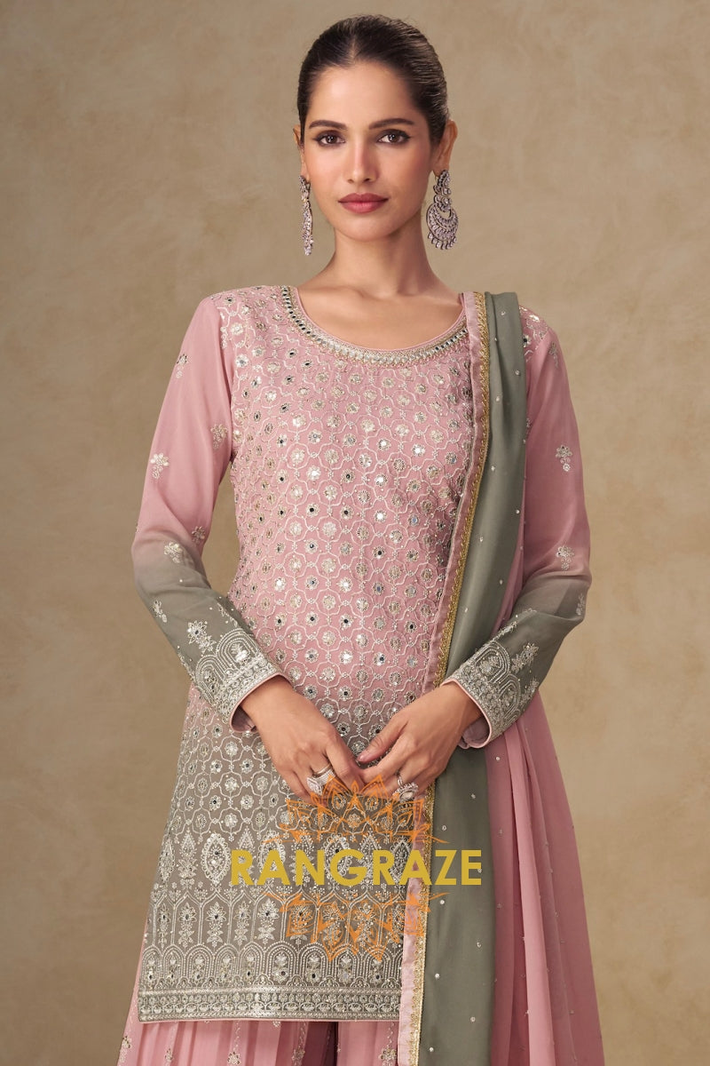 Blush Sage Pure Georgette Hand Embroidered Sharara Suit Set