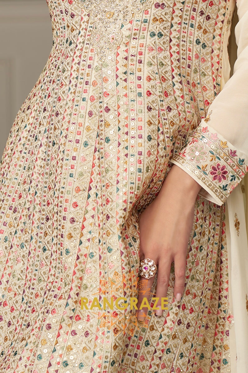 Ivory Pure Georgette Hand Embroidered Sharara Suit Set