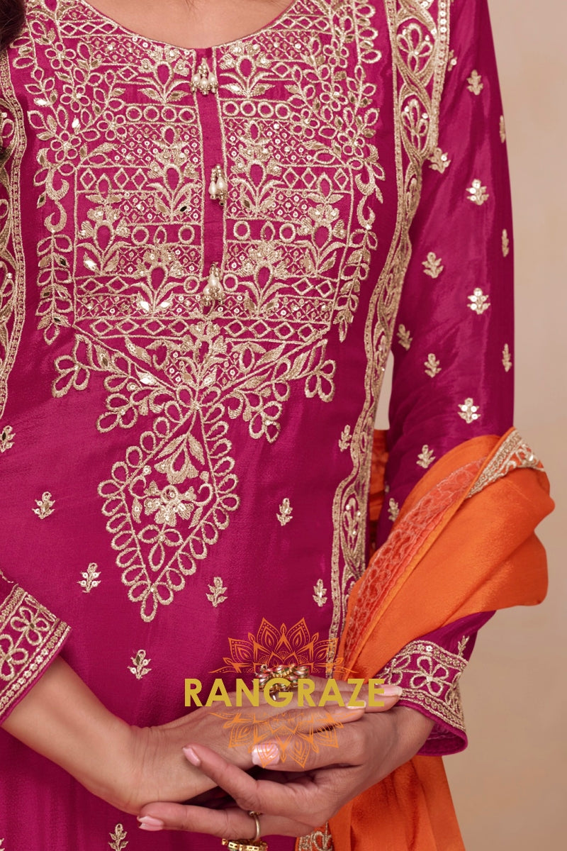 Wine & Orange Pure Chinnon Hand Embroidered Suit Set