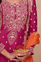 Wine & Orange Pure Chinnon Hand Embroidered Suit Set