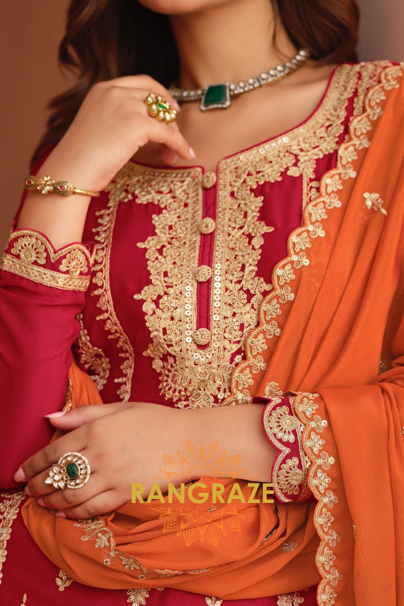 Ruby Ember Pure Chinnon Suit Set with Hand Embroidery