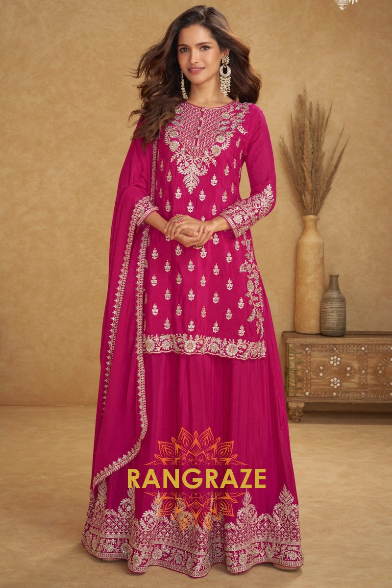 Rose Magenta Pure Chinnon Suit Set with Hand Embroidery