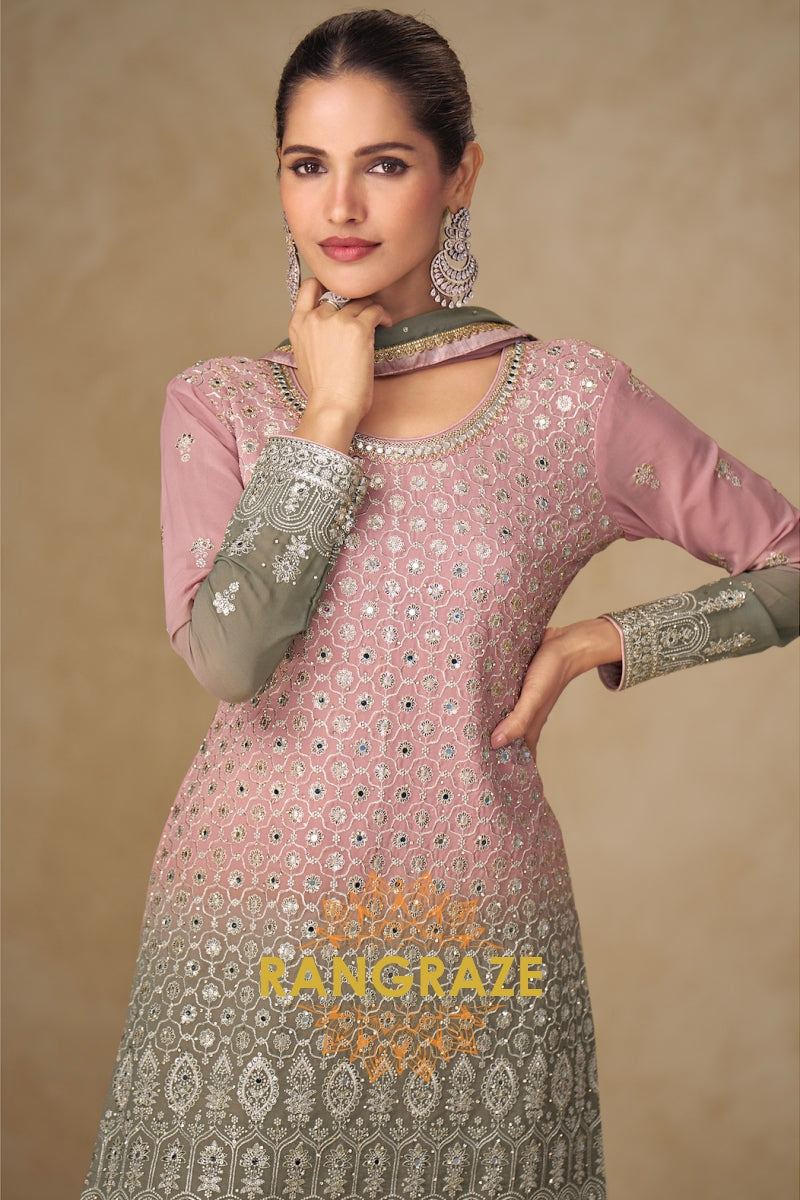Blush Sage Pure Georgette Hand Embroidered Sharara Suit Set