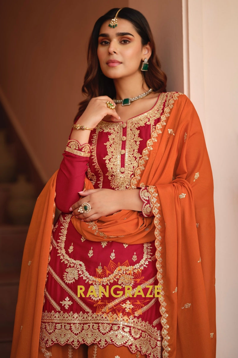 Ruby Ember Pure Chinnon Suit Set with Hand Embroidery