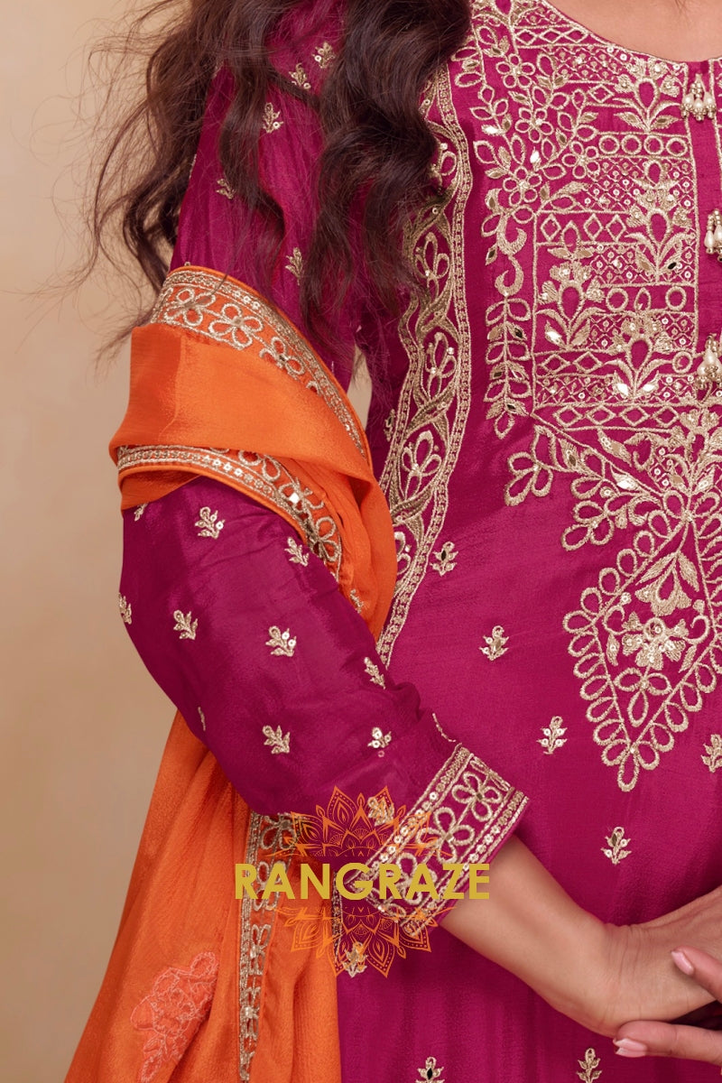 Wine & Orange Pure Chinnon Hand Embroidered Suit Set