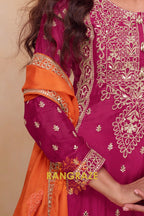 Wine & Orange Pure Chinnon Hand Embroidered Suit Set