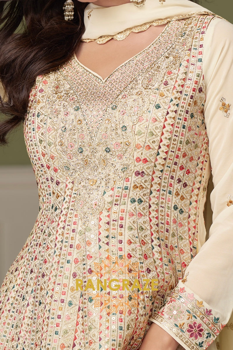 Ivory Pure Georgette Hand Embroidered Sharara Suit Set