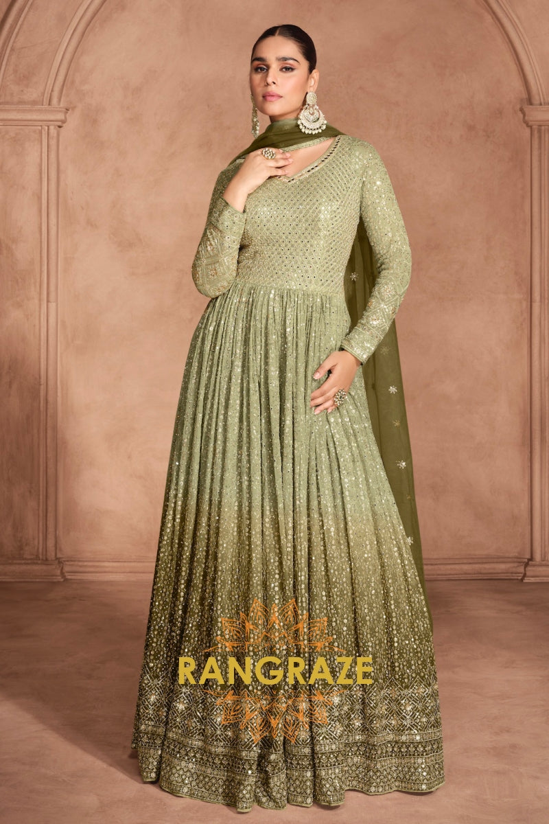 Luxe Olive Green Ombré Anarkali Ensemble