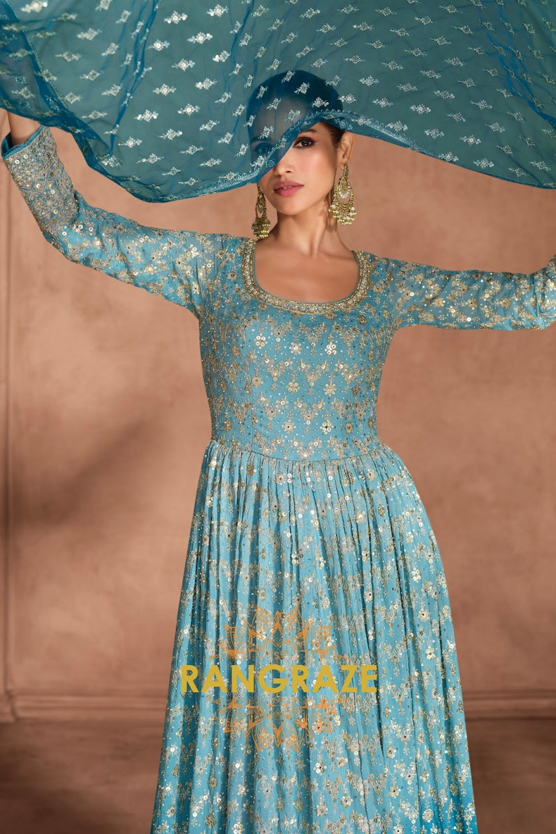 Luxe Gradient Blue Anarkali Ensemble