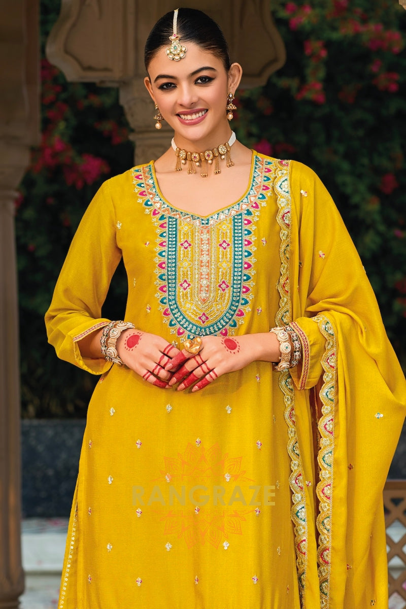 Golden Mustard Embroidered Palazzo Suit Set