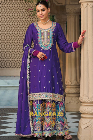 Royal Purple Embroidered Chinon Palazzo Suit Set