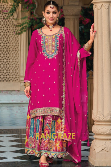 Magenta Embroidered Chinon Palazzo Suit Set