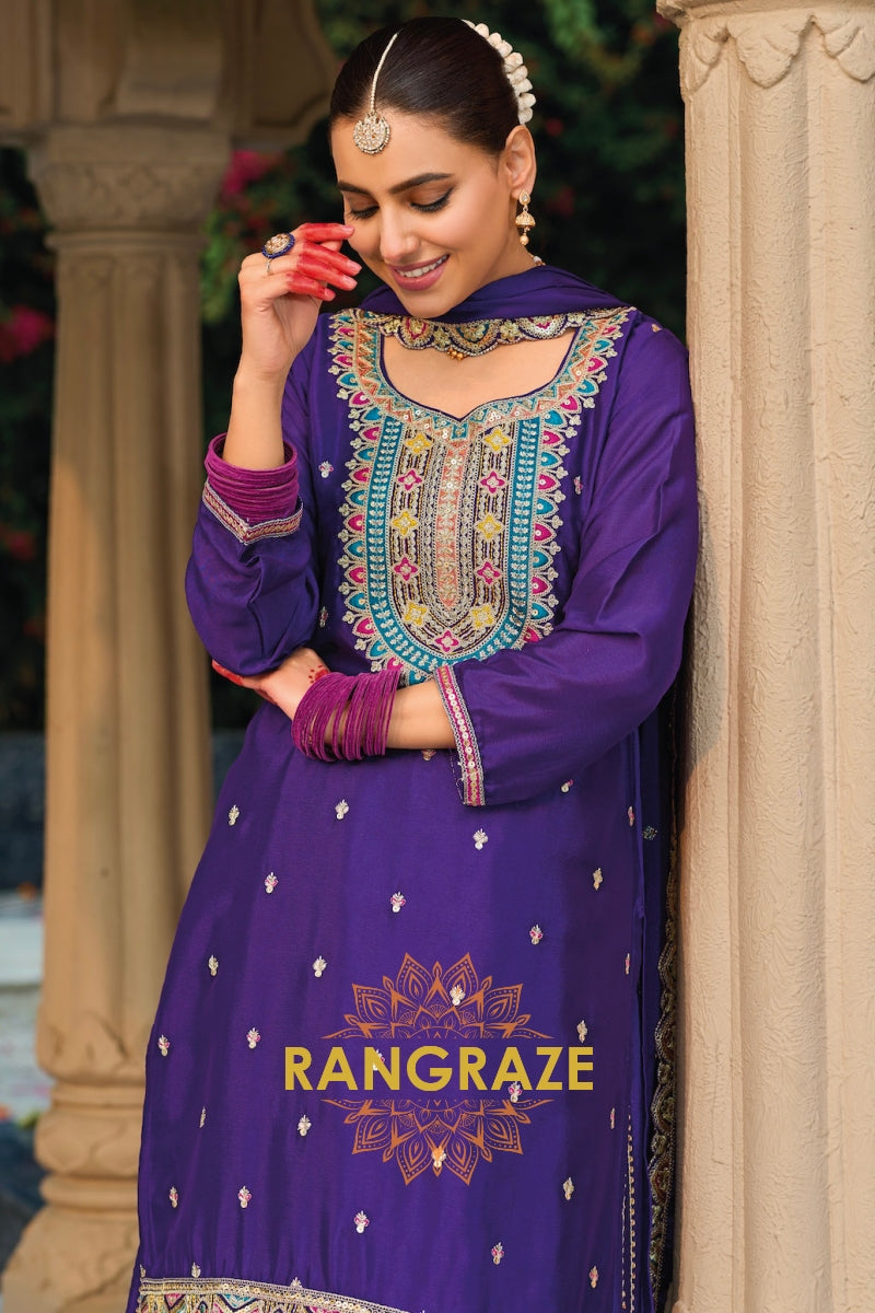 Royal Purple Embroidered Chinon Palazzo Suit Set