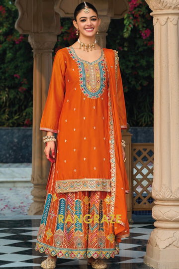 Burnt Orange Embroidered Chinon Palazzo Suit Set