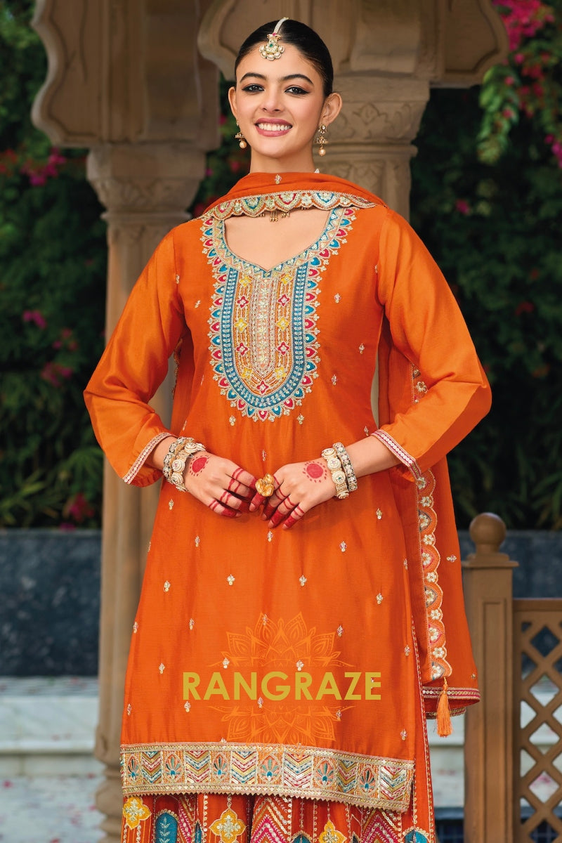 Burnt Orange Embroidered Chinon Palazzo Suit Set